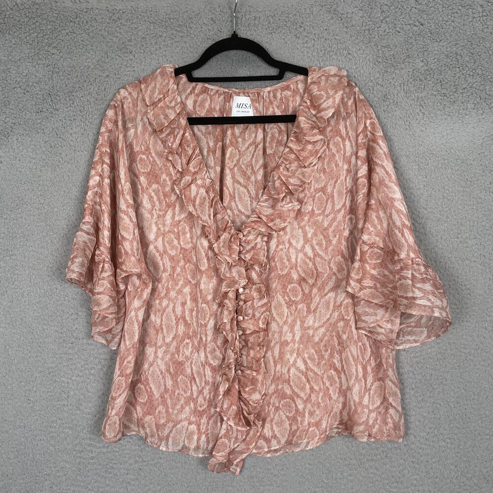 MISA Los Angeles Blouse Womens Small Pink Ruffle Sheer Animal Print Top USA